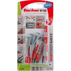 Kołki Fischer Duopower 8x40 S K, zestaw ze śrubami, odpowiednie do różnych materiałów budowlanych.