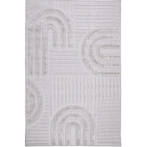 Nowoczesny, jasnoszary dywan z geometrycznym wzorem i krótkim włosiem.