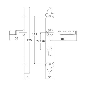 Rysunek techniczny zestawu klamek do drzwi z wymiarami.