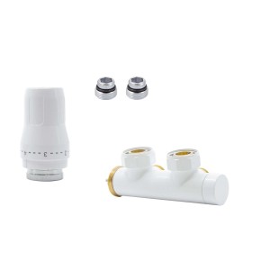 t.b.t. do instalacji grzewczych: Głowica termostatyczna, rozdzielacz i zawory w kolorze białym.