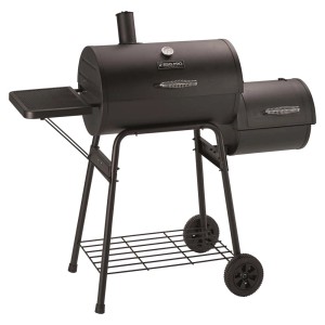 Czarny grill węglowy t.b.t. z półką i kółkami.
