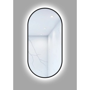 Owalne lustro t.b.t. z oświetleniem LED i czarną ramą.