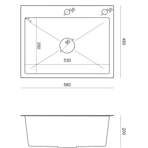 Rysunek techniczny zlewozmywaka ze stali nierdzewnej t.b.t. z wymiarami do montażu i instalacji.