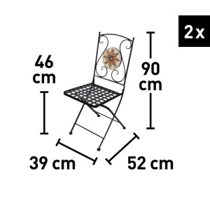 Zestaw balkonowy Honobia: Składane krzesło stalowe z mozaiką i wymiarami.
