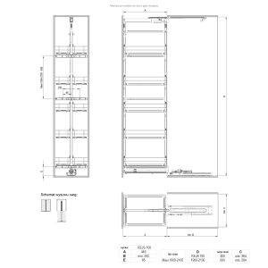 Rysunek techniczny systemu organizacji kuchni. Szczegóły dotyczące wymiarów i montażu.