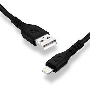Czarny kabel do ładowania t.b.t. z USB i złączem Lightning do telefonów komórkowych.