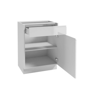 Biała szafka dolna kuchenna z szufladą i otwartymi drzwiami. Część zestawu mebli kuchennych.
