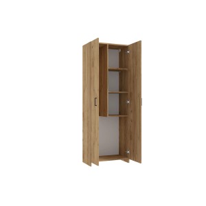 Otwarta szafka łazienkowa t.b.t. w drewnianym stylu z półkami.