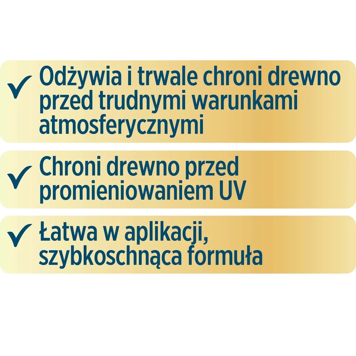 Zalety oleju do drewna: Odżywia, chroni przed warunkami atmosferycznymi i promieniowaniem UV, łatwa aplikacja, szybkoschnąca formuła.