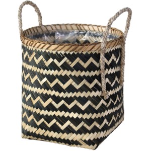 Dekoracyjna, czarno-beżowa doniczka na zioła t.b.t. z uchwytami ze sznura.