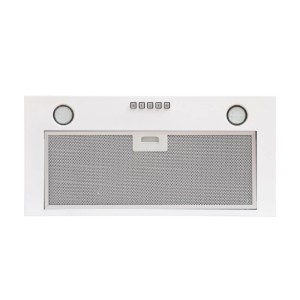 Okap płaski t.b.t., biały okap kuchenny z metalowym filtrem i panelem sterowania.