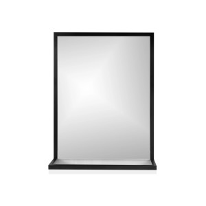 Prostokątne lustro z czarną ramą i półką.