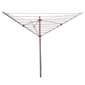 Obrotowa suszarka do prania z czerwonymi linkami do ogrodu.