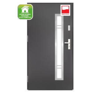 Szare drzwi zewnętrzne z szybą i srebrną klamką.