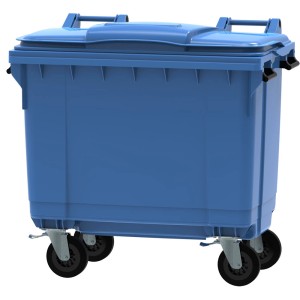 Niebieski pojemnik na odpady z pokrywą i kółkami do utylizacji.
