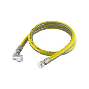 Żółty elastyczny wąż gazowy t.b.t. z metalowymi złączkami.