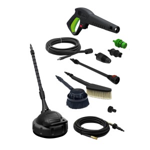 Zestaw akcesoriów do myjek ciśnieniowych: pistolet, dysze, szczotki i węże.