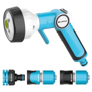 Pistolet ogrodowy Cellfast, niebiesko-biały z akcesoriami do węży ogrodowych.
