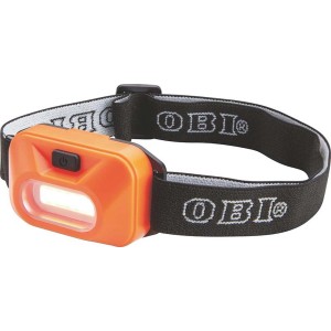 Pomarańczowa latarka czołowa OBI COB LED z czarną regulowaną opaską.
