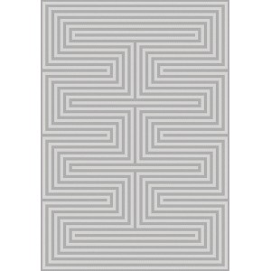 Dywan z krótkim włosiem t.b.t. z geometrycznym wzorem w kolorze szarym i białym.