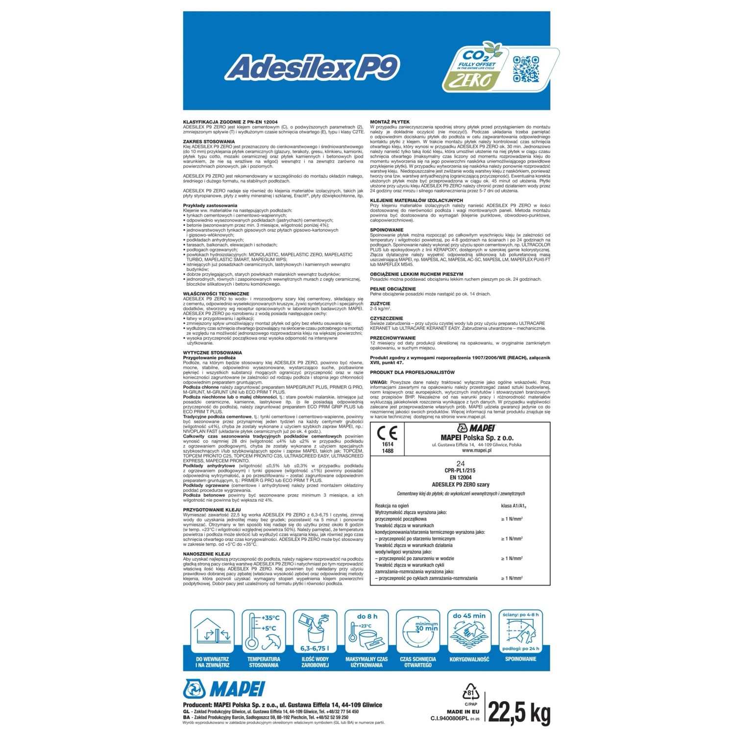Opakowanie kleju do płytek Adesilex P9 firmy MAPEI, worek 22,5 kg.