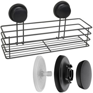 Czarny zestaw akcesoriów łazienkowych t.b.t. z półką i mocowaniem na przyssawki.