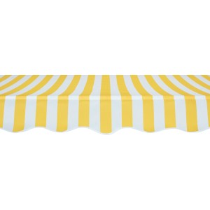Żółto-biała markiza w paski z falistym brzegiem.