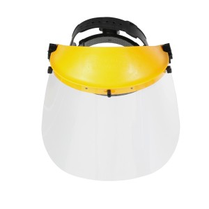 t.b.t. Przyłbica ochronna z żółtym wizjerem i regulowanym paskiem na głowę.