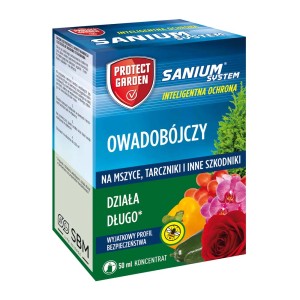 Opakowanie środka owadobójczego Protect Garden Sanium System, odpowiednie do zwalczania szkodników.