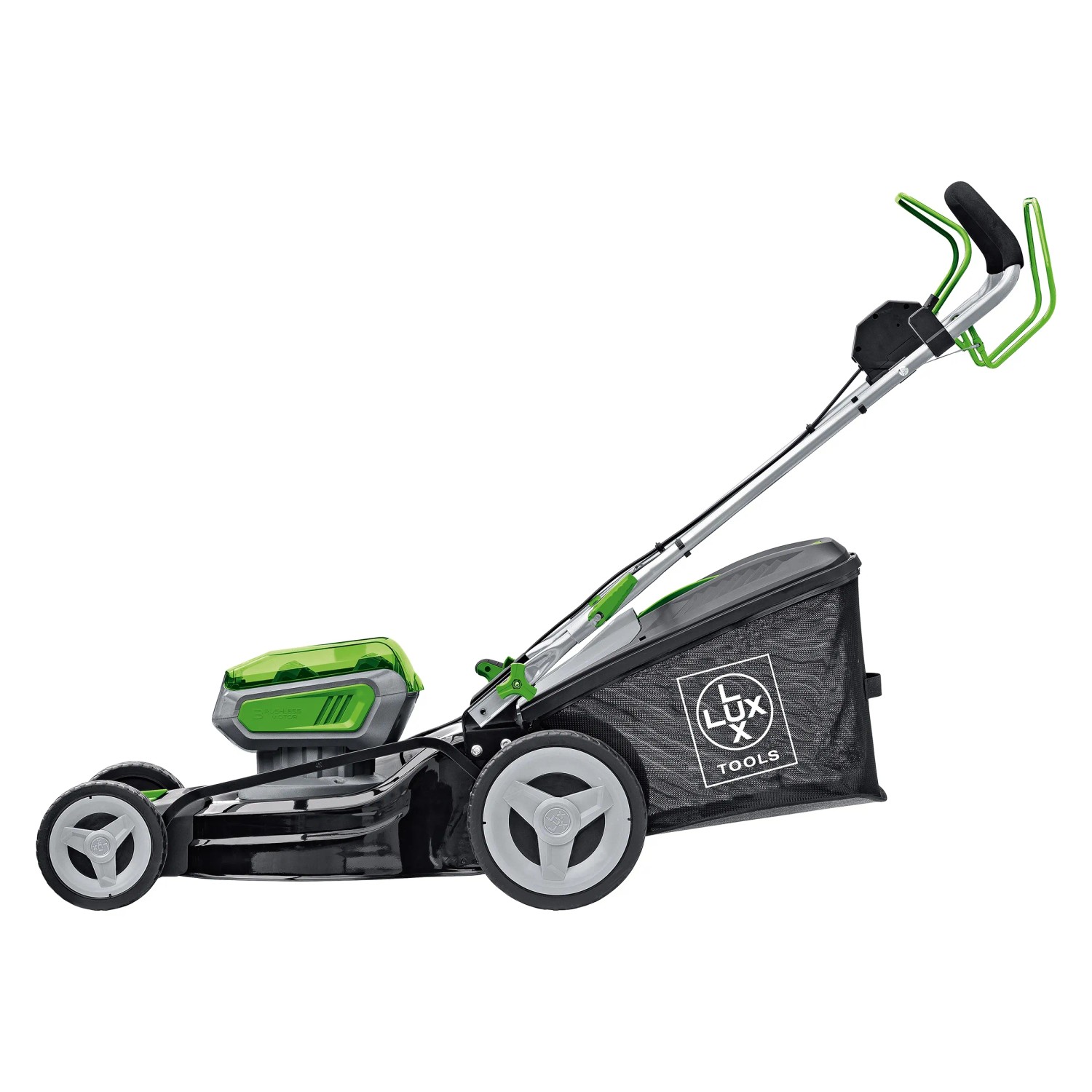 Akumulatorowa kosiarka LUX 40V z 2 akumulatorami, szerokość koszenia 46 cm i napędem.