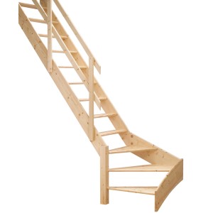 Drewniane schody wewnętrzne, nieobrobione, z poręczą.