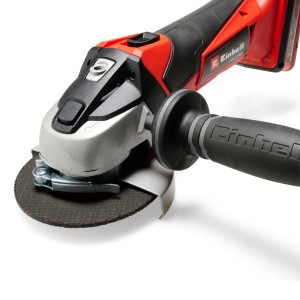 Szlifierka kątowa akumulatorowa Einhell Power X-Change TE-AG 18/115 Li Solo, czerwono-czarna, z dodatkowym uchwytem.