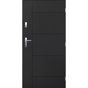 Nowoczesne, czarne drzwi zewnętrzne z poziomymi liniami dekoracyjnymi i srebrną klamką.