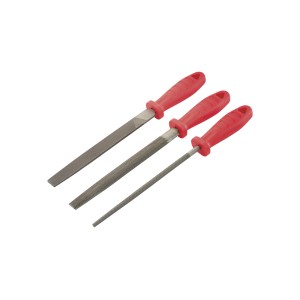 Zestaw pilników Ellix, 3-częściowy: Pilnik płaski, półokrągły i okrągły z czerwonym uchwytem.