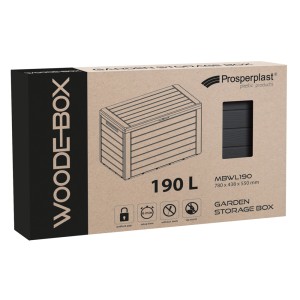 Opakowanie skrzyni na poduszki t.b.t., 190L, ze zdjęciem produktu i danymi technicznymi.