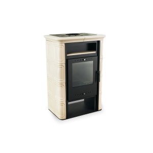 Kominek z kremową obudową ceramiczną i czarnym metalowym wkładem.