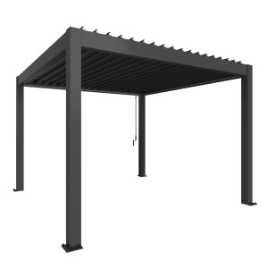Pergola Biohort w kolorze ciemnoszary metalik z regulowanymi lamelami dla elastycznego cienia.