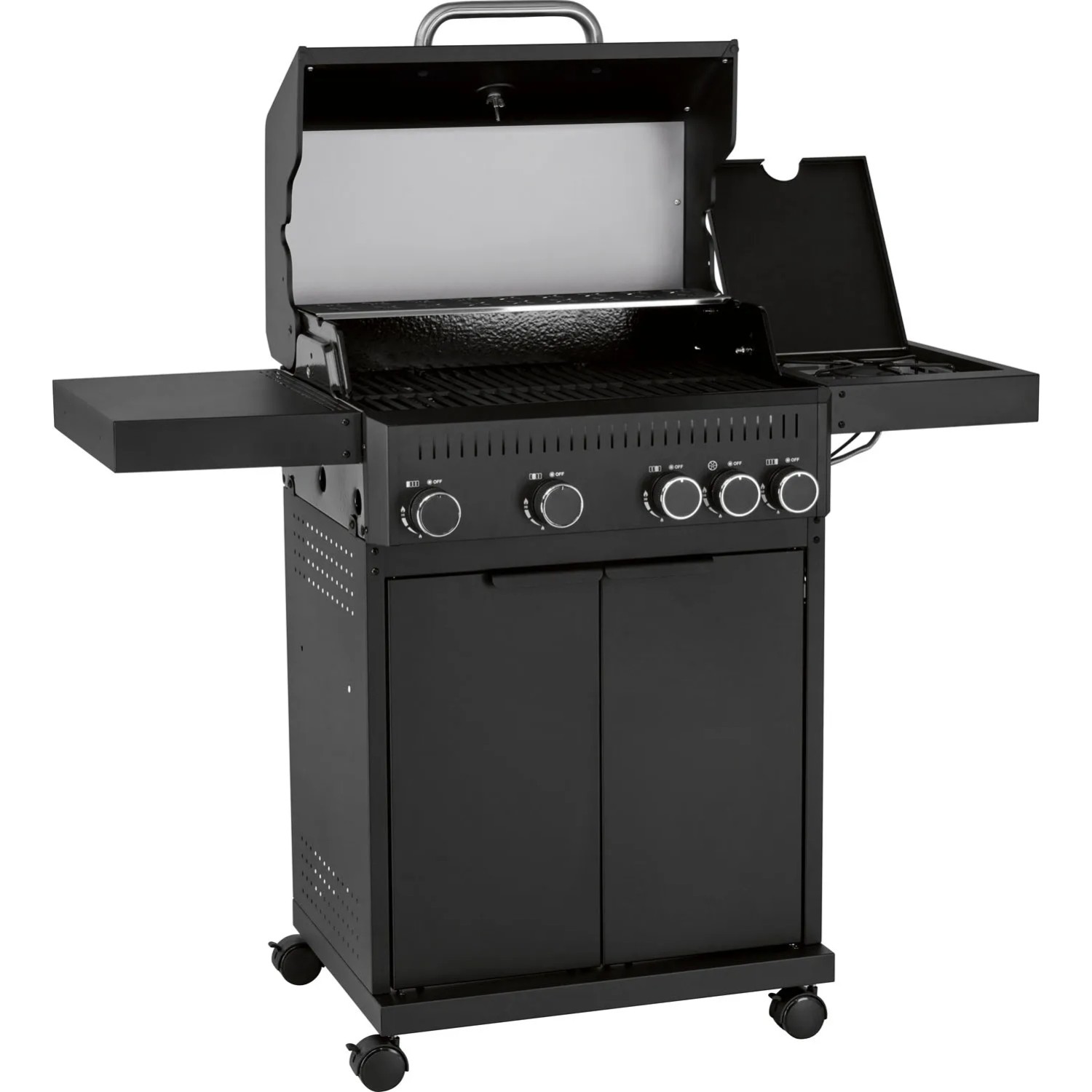Czarny grill gazowy t.b.t. z półkami bocznymi i szafką.