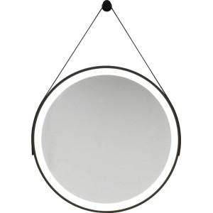 Okrągłe lustro t.b.t. z oświetleniem LED i czarną ramą.