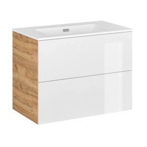 Szafka pod umywalkę t.b.t. z białym frontem i bokiem z dekorem drewna.