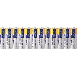 Zestaw 12 baterii alkalicznych AA do urządzeń o stałym poborze mocy.