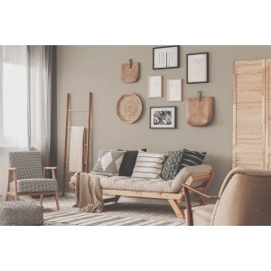 Salon z szarą farbą na ścianach, sofa z poduszkami, fotel i dekoracje.