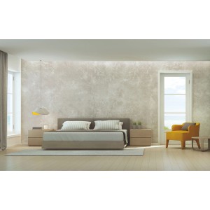 Sypialnia z efektem farby na ścianie. Łóżko, szafki nocne i fotel w pokoju.