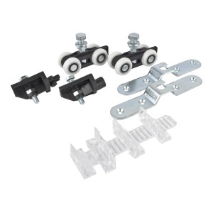 Zestaw t.b.t. Prowadnice: Rolki, stopery, wsporniki i prowadnica do drzwi przesuwnych.