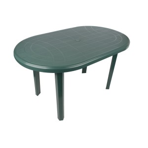 Owalny, zielony stół ogrodowy z tworzywa sztucznego.