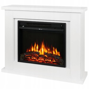 Biały kominek elektryczny z efektem płomieni dla przytulnej atmosfery.