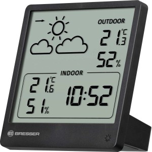 Stacja pogodowa BRESSER Slim z bezprzewodowym czujnikiem i wskaźnikiem trendu, pokazująca temperaturę wewnątrz i na zewnątrz.