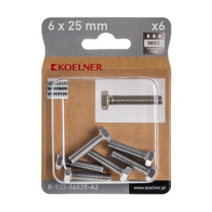Śruby Koelner 6x25mm, zestaw 6 sztuk, śruby gwintowane ze stali nierdzewnej do majsterkowania.