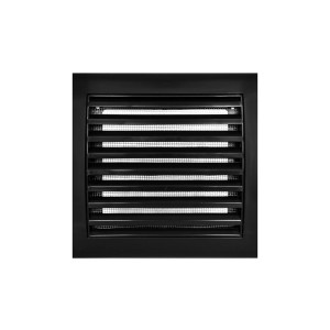 Czarna kwadratowa kratka wentylacyjna z poziomymi lamelami.