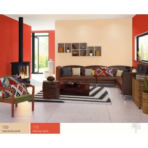 Salon z farbami ściennymi w kolorze czerwonym i beżowym. Kolorowe farby ścienne dla przytulnej atmosfery.